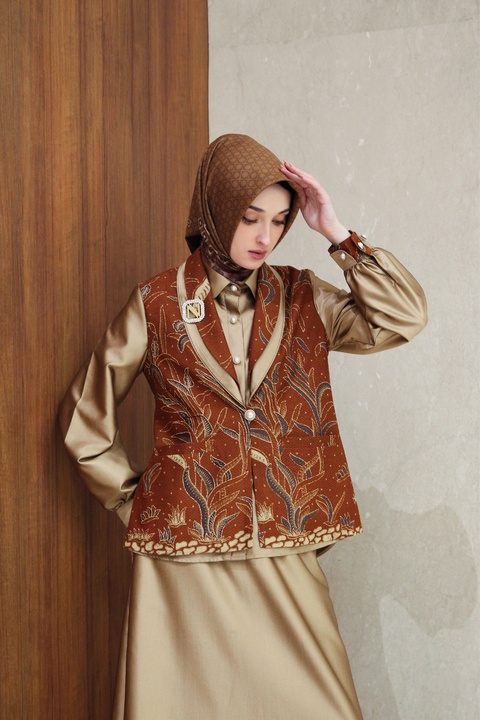 One Set Batik Shadow Metallic Copper Midi (Shirt + Skirt)