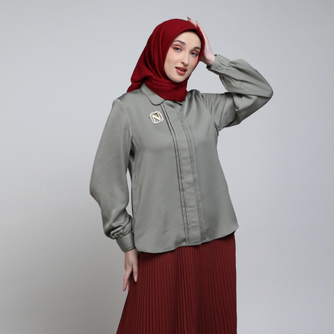 One Set Puff Pleats Matte Green Midi (Shirt & Skirt)