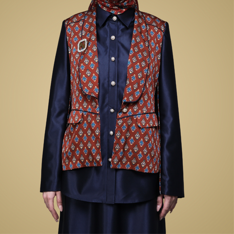 One Set Blazer Monogram Arabesque Navy Midi (Shirt & Skirt)