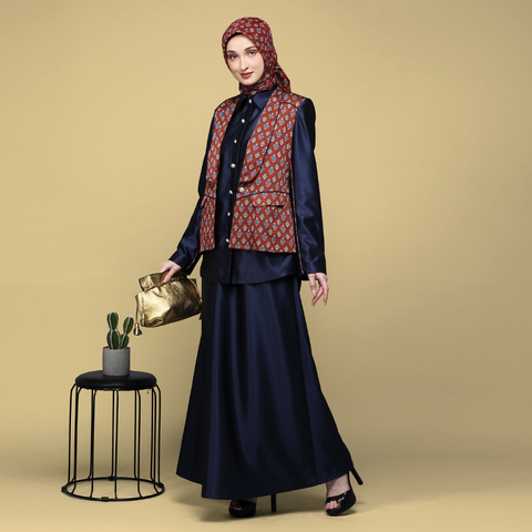One Set Blazer Monogram Arabesque Navy Midi (Shirt & Skirt)