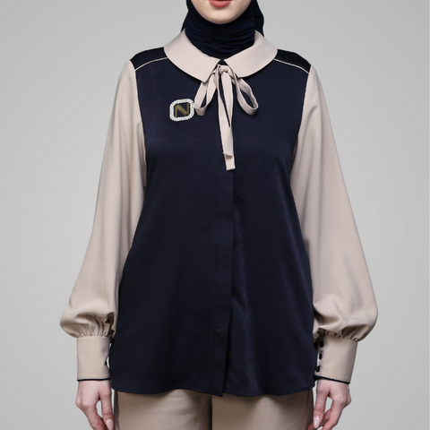 Ribbon Navy Silk Sand Shirt