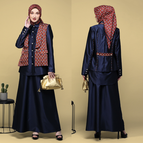 One Set Blazer Monogram Arabesque Navy Midi (Shirt & Skirt)