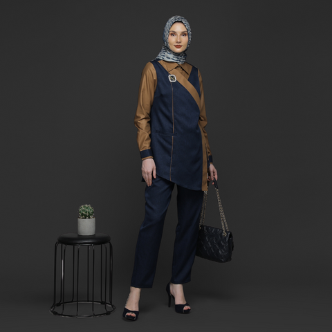 2in1 Asymmetric Ribbon Nuthatch Dark Navy Shirt