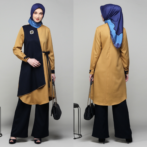 Ribbon Asymmetric Navy Gold Tunic