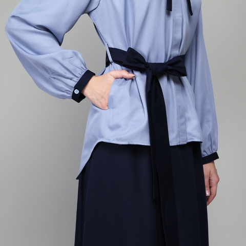 Wrinkle Ribbon Navy Rock Blue Midi (Shirt & Skirt)