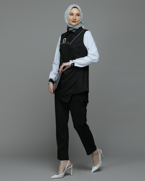 2in1 Ribbon Asymmetric Sweet Black White Shirt