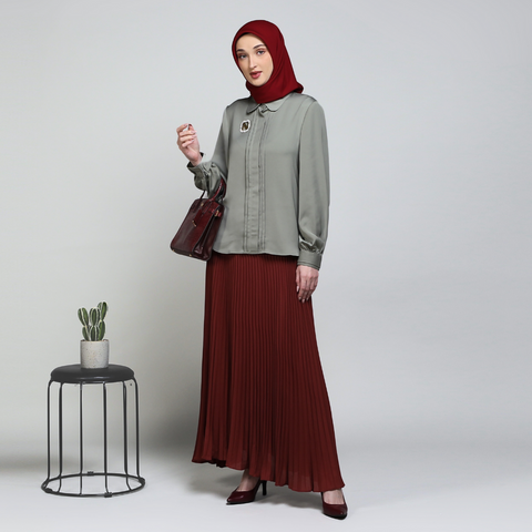 One Set Puff Pleats Matte Green Midi (Shirt & Skirt)