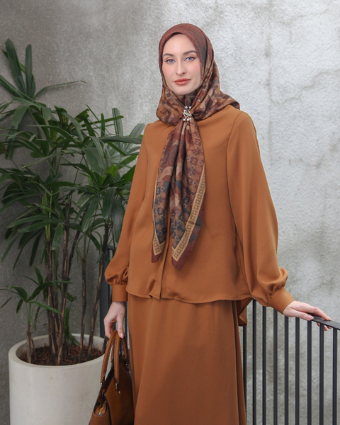 One Set Wrinkle Neck Raw Umber Midi (Shirt & Skirt)