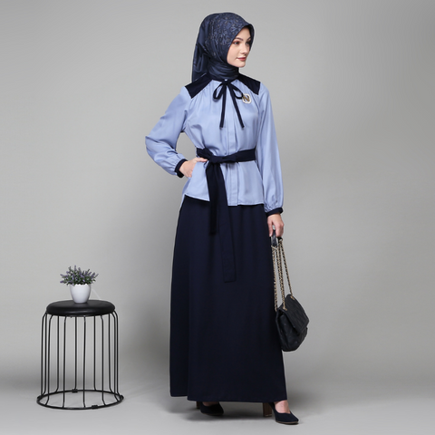 Wrinkle Ribbon Navy Rock Blue Midi (Shirt & Skirt)