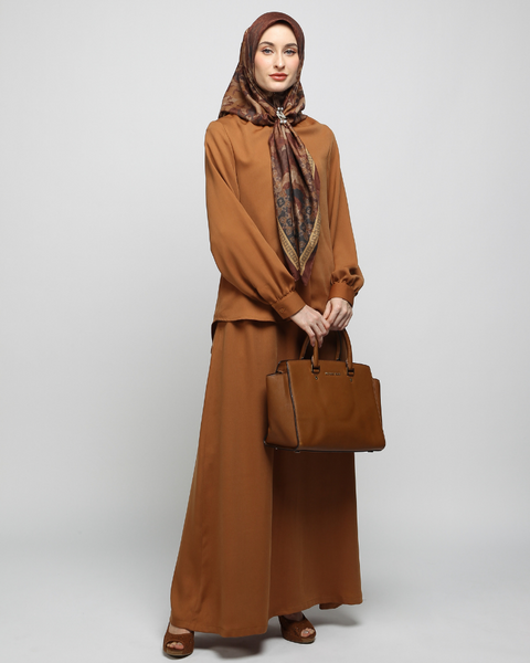 One Set Wrinkle Neck Raw Umber Midi (Shirt & Skirt)
