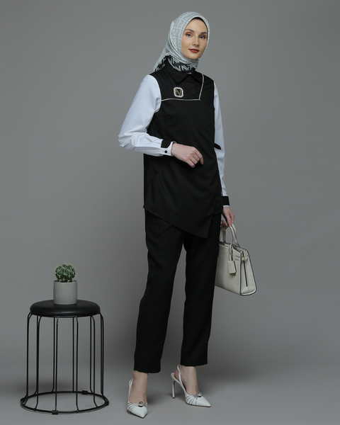 2in1 Ribbon Asymmetric Sweet Black White Shirt