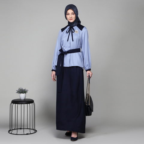 Wrinkle Ribbon Navy Rock Blue Midi (Shirt & Skirt)