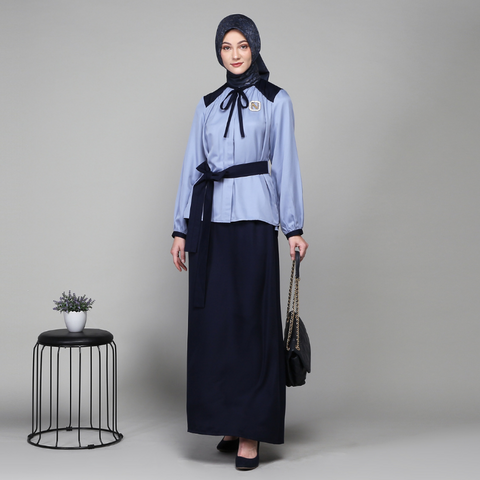 One Set Wrinkle Ribbon Navy Rock Blue Midi (Shirt & Skirt)