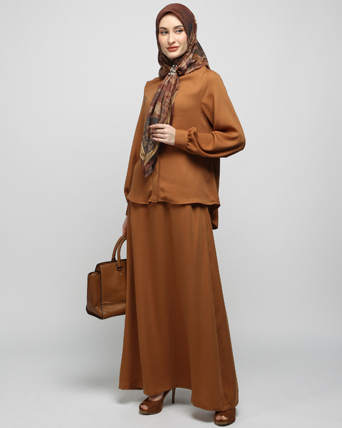 One Set Wrinkle Neck Raw Umber Midi (Shirt & Skirt)