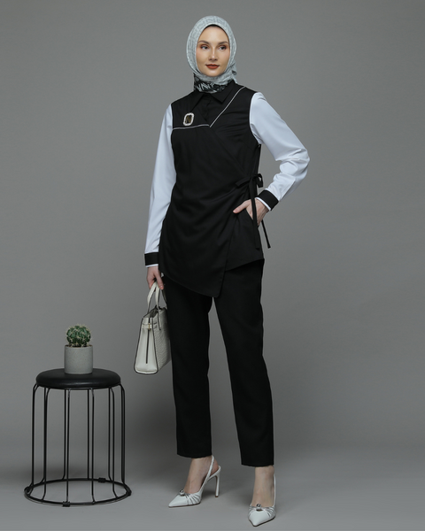 2in1 Ribbon Asymmetric Sweet Black White Shirt