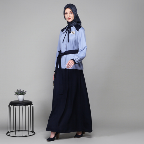 Wrinkle Ribbon Navy Rock Blue Midi (Shirt & Skirt)