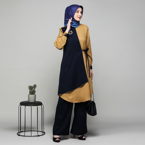 Ribbon Asymmetric Navy Gold Tunic