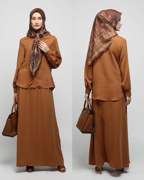 One Set Wrinkle Neck Raw Umber Midi (Shirt & Skirt)