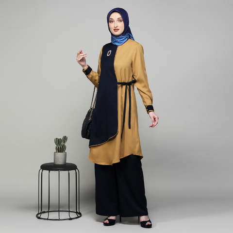 Ribbon Asymmetric Navy Gold Tunic