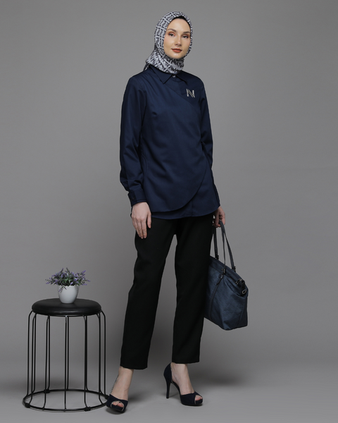 Flap Ribbon Twill Blue Shirt