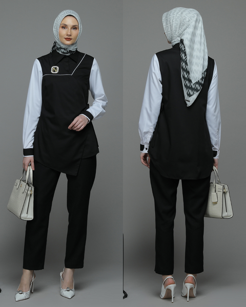 2in1 Ribbon Asymmetric Sweet Black White Shirt