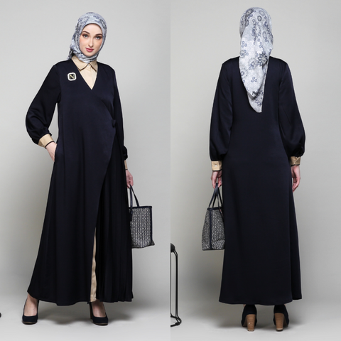 2in1 Pleats Navy Silk Cream Dress