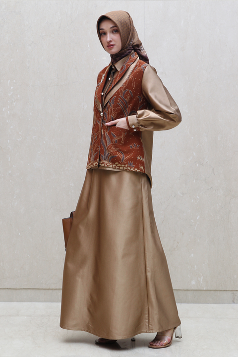 One Set Batik Shadow Metallic Copper Midi (Shirt + Skirt)