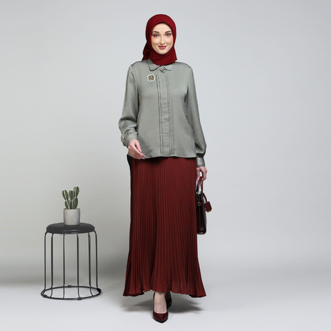One Set Puff Pleats Matte Green Midi (Shirt & Skirt)