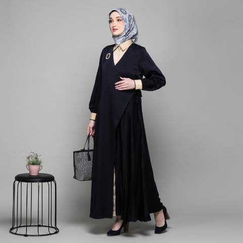 2in1 Pleats Navy Silk Cream Dress