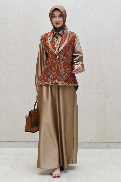 One Set Batik Shadow Metallic Copper Midi (Shirt + Skirt)