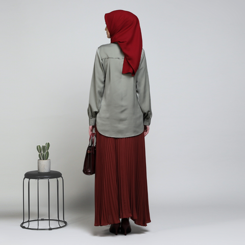 One Set Puff Pleats Matte Green Midi (Shirt & Skirt)