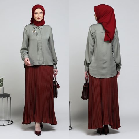 One Set Puff Pleats Matte Green Midi (Shirt & Skirt)