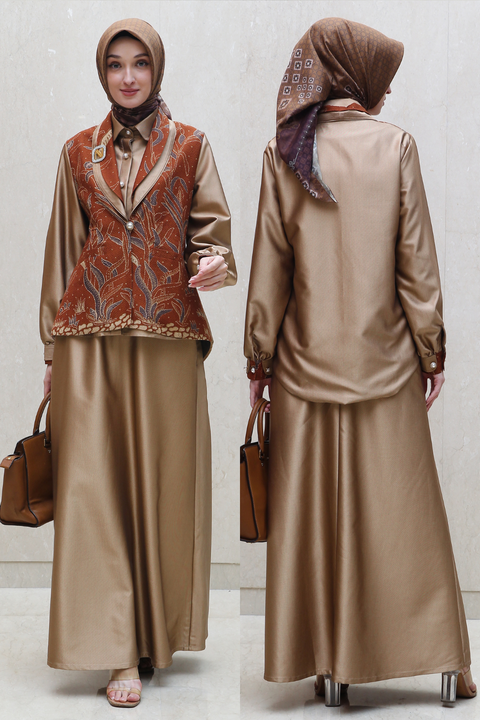 One Set Batik Shadow Metallic Copper Midi (Shirt + Skirt)