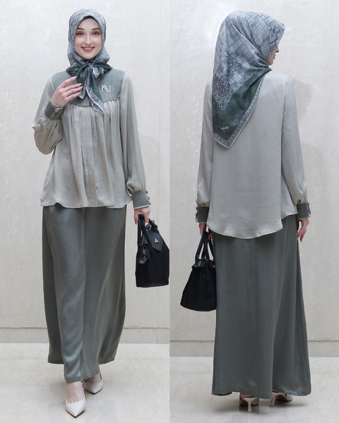 One Set Wrinkle Envy Mineral Green Midi Shirt (Shirt + Skirt)