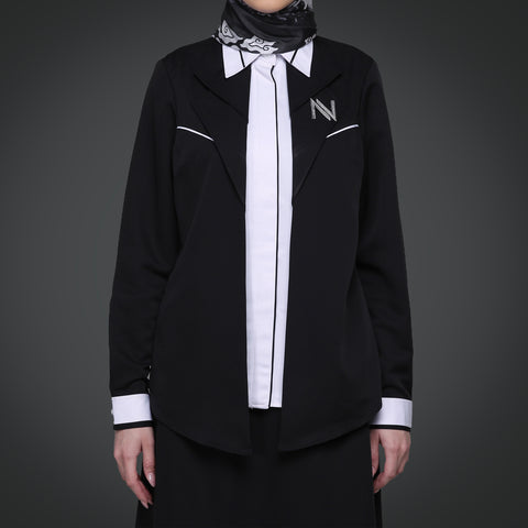 One Set 2in1 Blazer TwoTone White Rapico Black Midi Shirt (Shirt & Skirt)