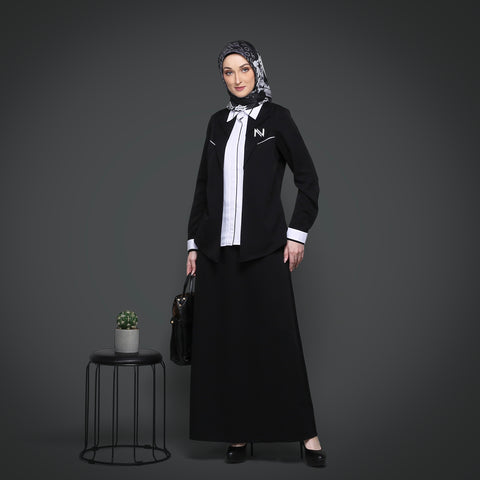 One Set 2in1 Blazer TwoTone White Rapico Black Midi Shirt (Shirt & Skirt)