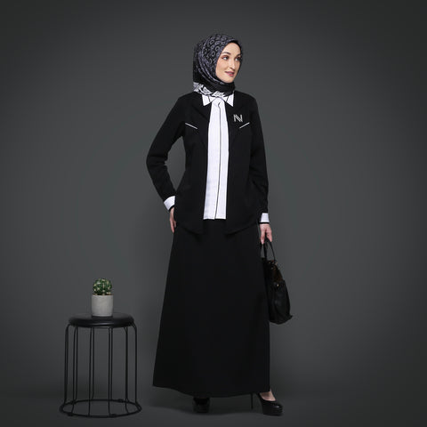 One Set 2in1 Blazer TwoTone White Rapico Black Midi Shirt (Shirt & Skirt)