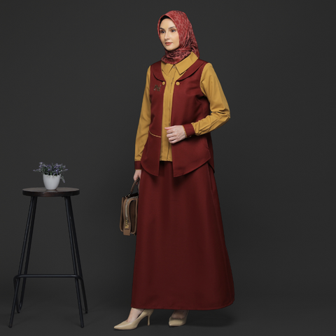 One Set 2in1 Red Honey Mustard Midi (Shirt & Skirt)