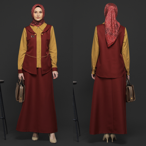 One Set 2in1 Red Honey Mustard Midi (Shirt & Skirt)